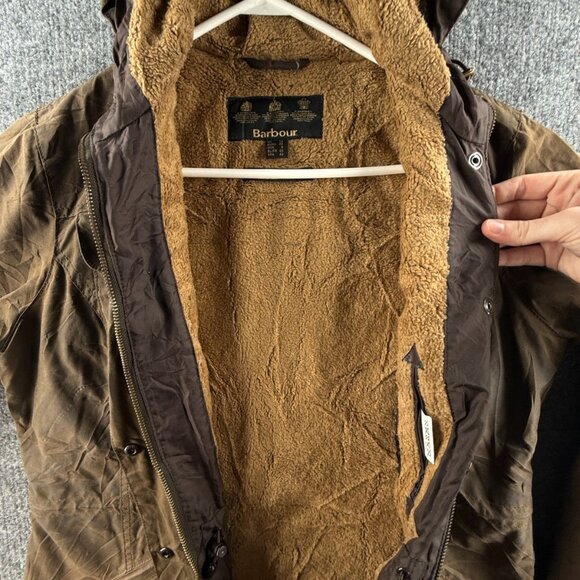 Barbour Winter Force Parka Fleece Lined USA Size 8 Waxed Jacket Women Brown - Picture 15 of 16